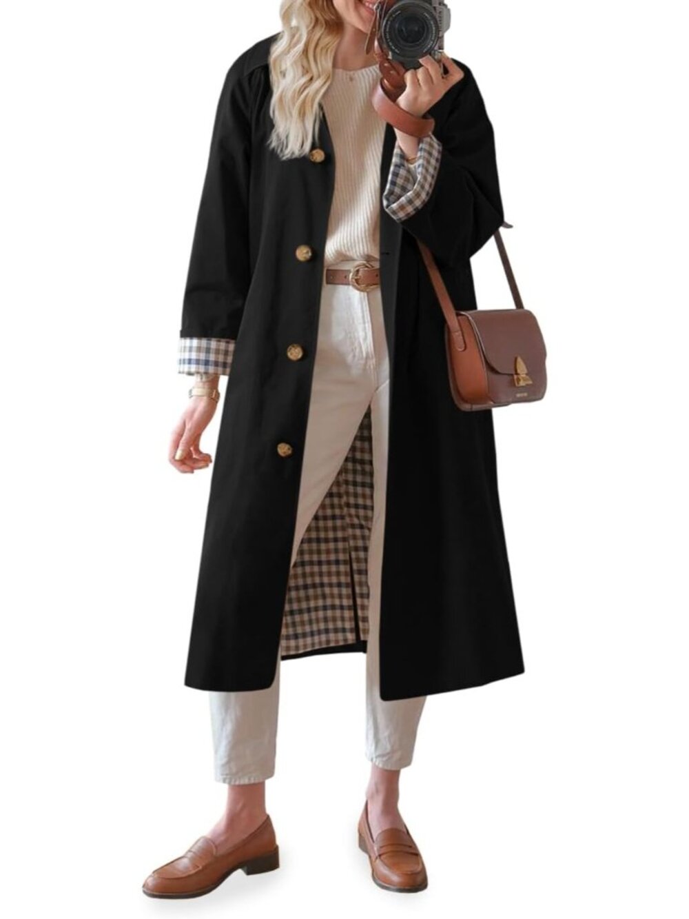 Women's Black Long Sleeve Oversized Single Breasted Windproof Winter Trench Coat